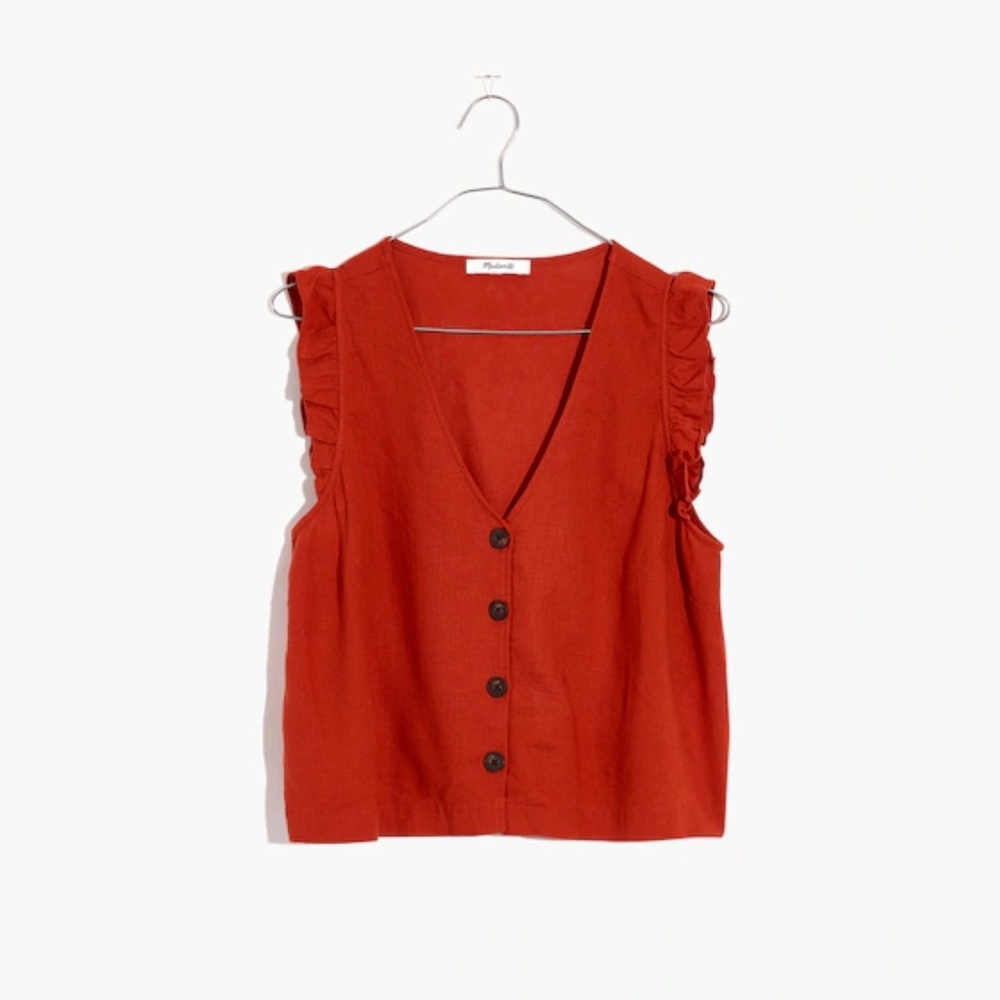 Madewell Red Ruffle Sleeveless V-Neck Linen Blouse - Picture 3 of 8